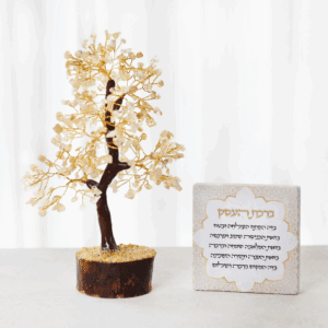מארז עץ קריסטלים סיטרין -ואריח אבן "ברכת העסק " - 10X10 ס"מ